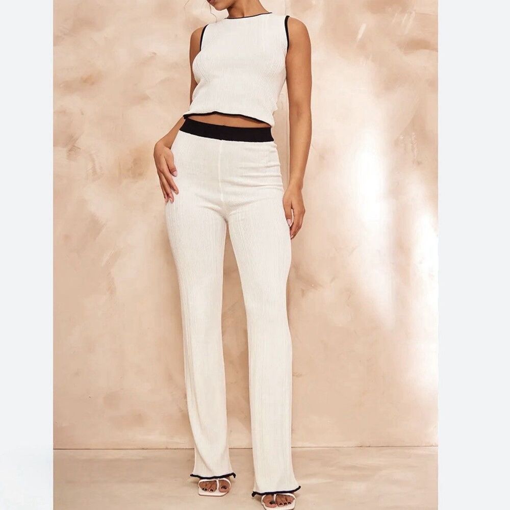 PrettyLittleThing White Ribbed Knit 2-Piece Set Tank Flared Pants S